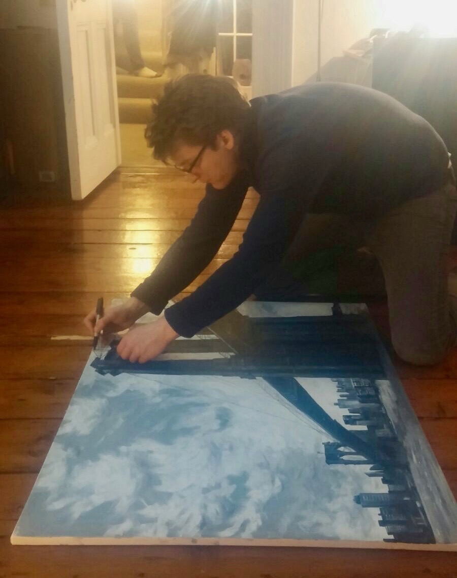 Painting in progress of the Brooklyn Bridge