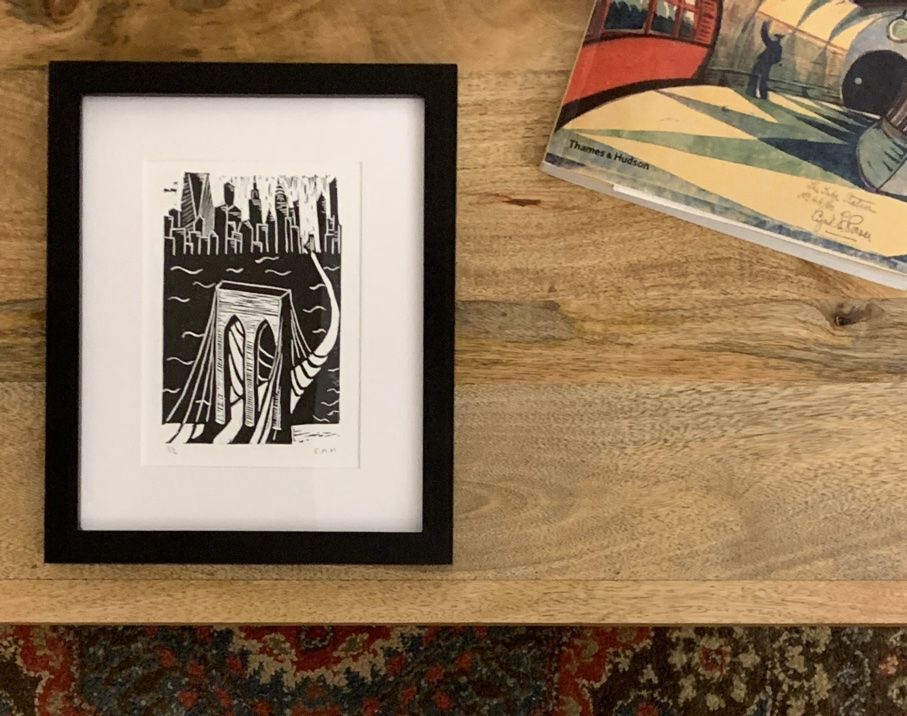 Linocut of the Brooklyn Bridge by E.M. Merricks