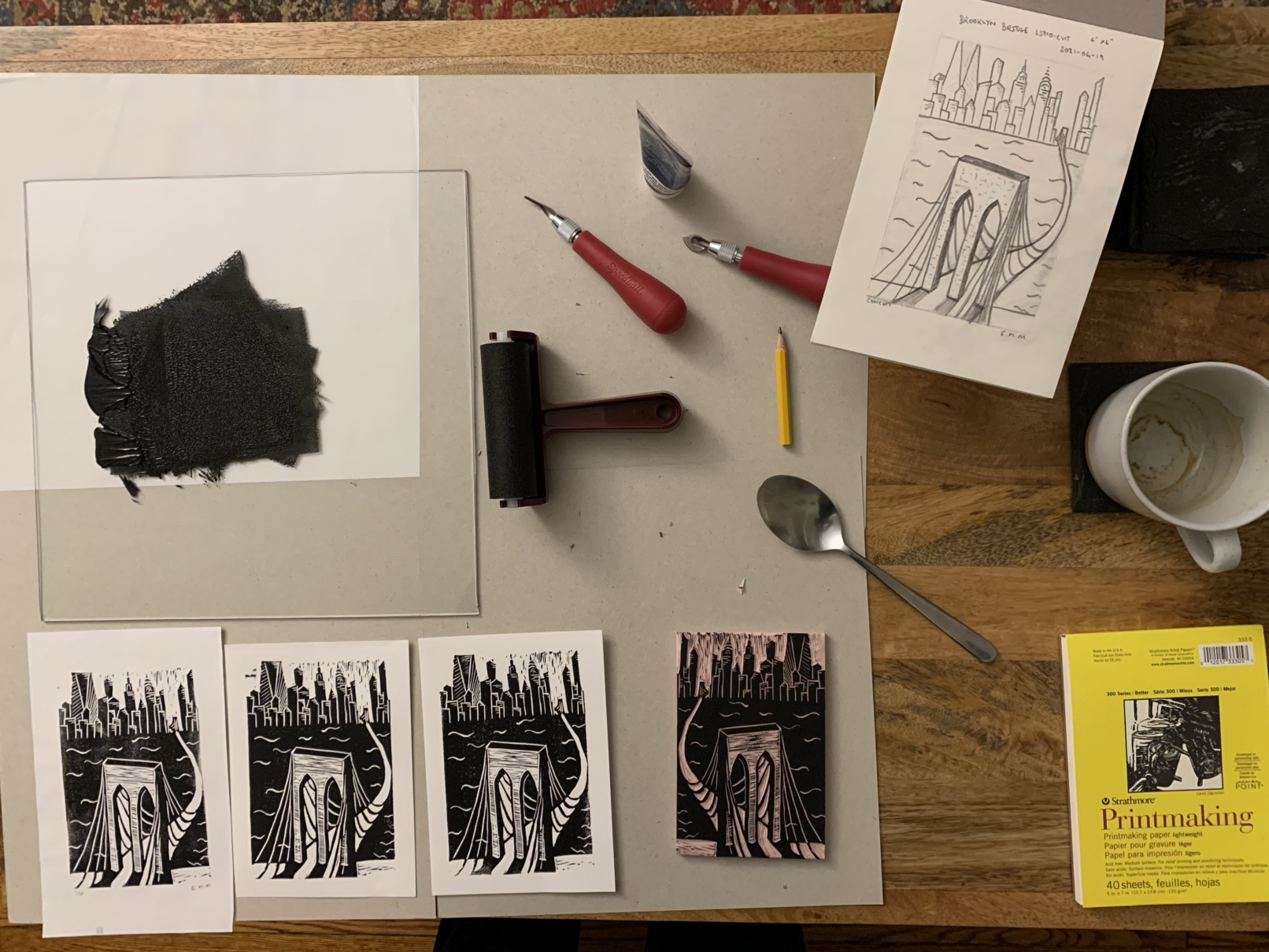 Linocut in progress of the Brooklyn Bridge